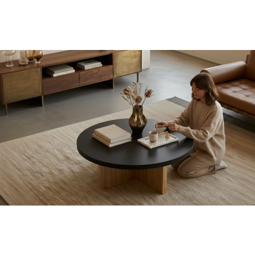 STOLIK KAWOWY z Drewna Litego Dębowego Blat Czarny Płyta MDF  STK-932